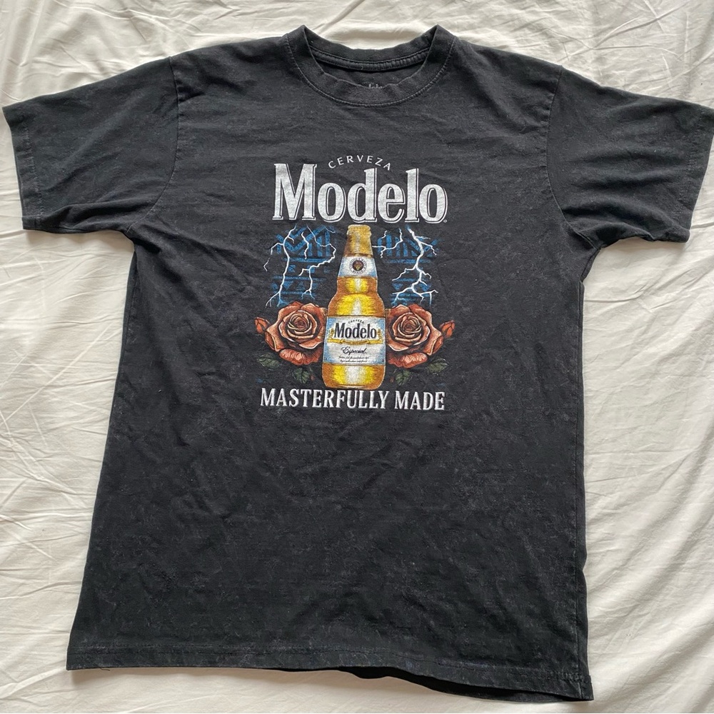 Modelo Black Tee with Bottle, Roses & Lightning Graphic